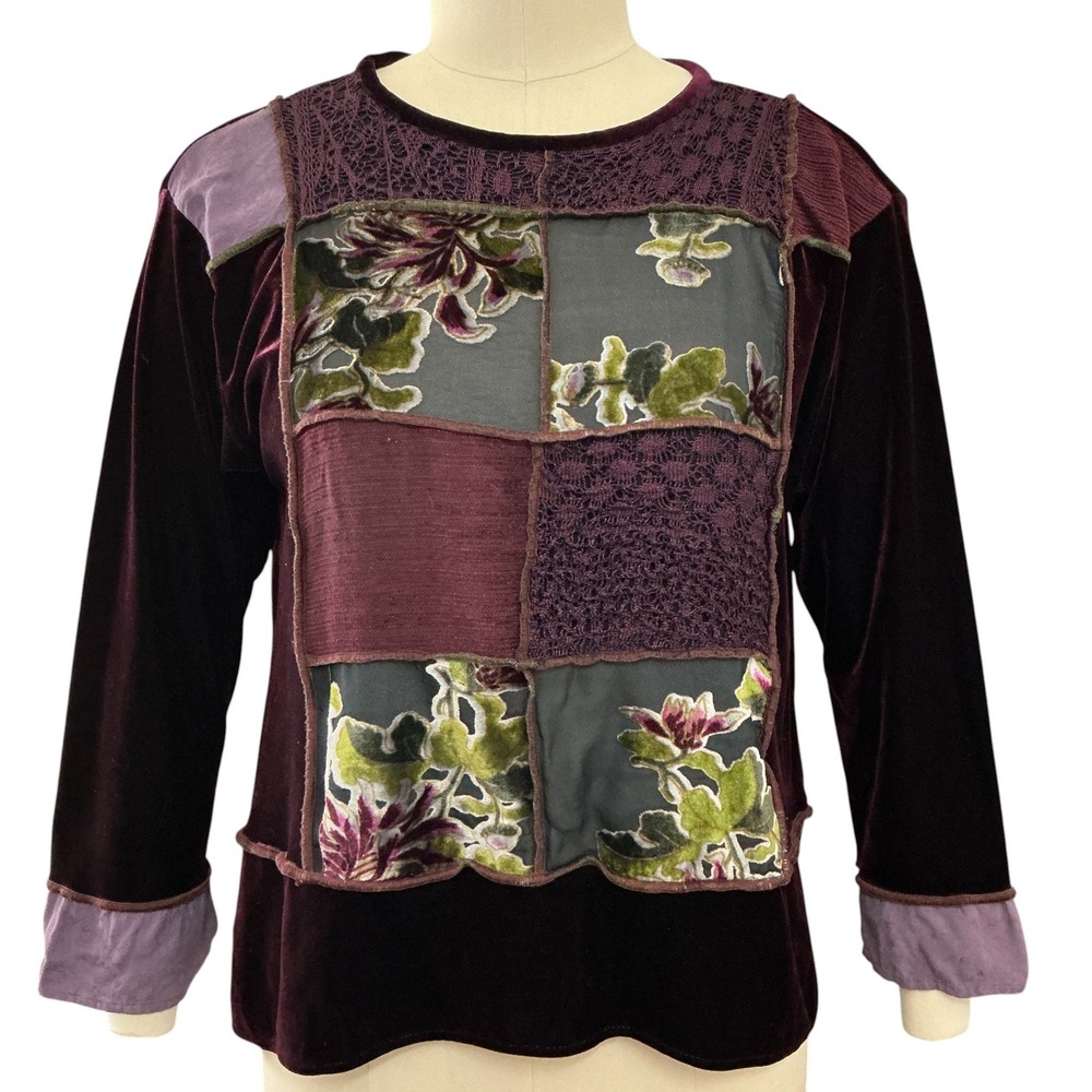 VTG Spencer Alexis Silk Velvet  Blouse sz 14 Burgundy Patchwork Lace Whimsigothh